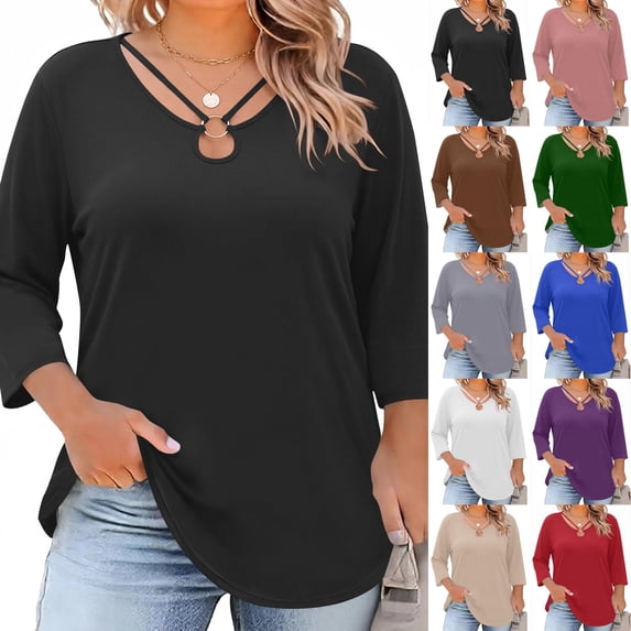 Womens Plus Size Tops 3/4 Sleeve Shirts Summer Cut Out Ring Keyhole Neck Dressy Casual Loose Tunic Tops, 5XL