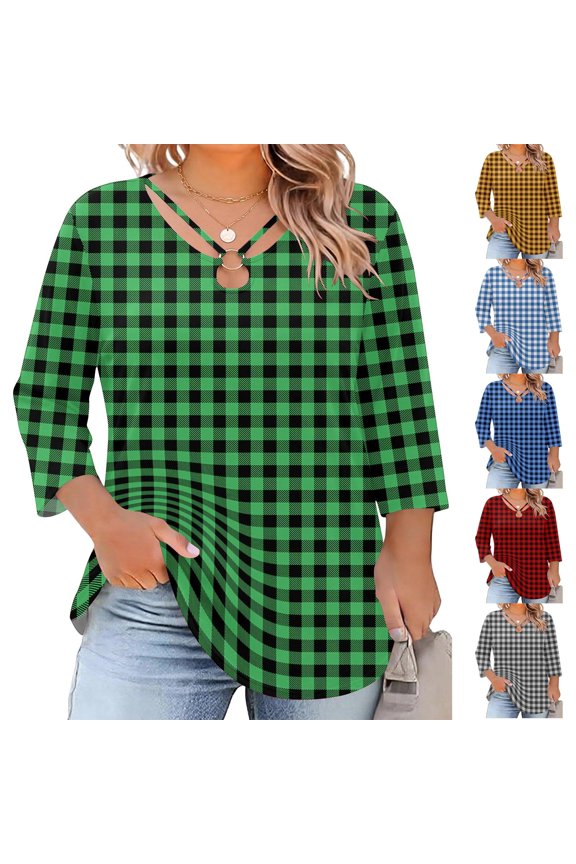 Womens Plus Size Tops 3/4 Sleeve Shirts Summer Plaid Cut Out Ring Keyhole Neck Dressy Casual Loose Tunic Tops, XL