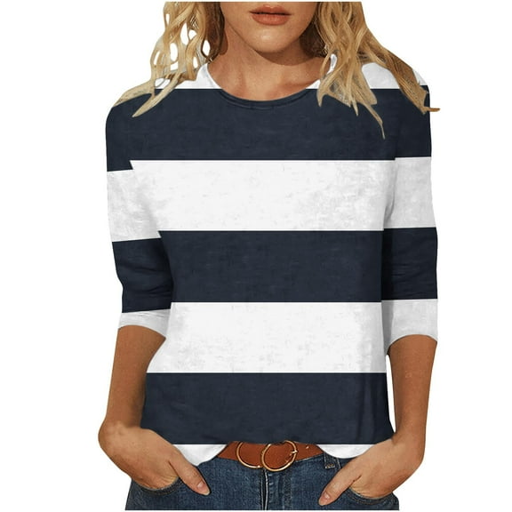 Womens Plus Size Tops, 3/4 Sleeve Shirts for Women Fall Fashion Loose Fit Striped Printed Crewneck Tees T-Shirts S-5XL