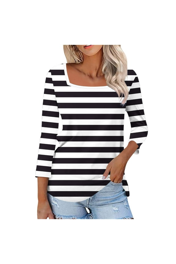 Womens Plus Size Tops, 3/4 Sleeve Shirts for Women Fall Fashion Loose Fit Striped Printed Square Neck T-Shirts