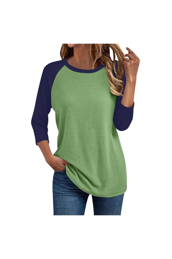 Womens Plus Size Tops, 3/4 Sleeve Shirts for Women Fashion Loose Fit Color Patchwork Basic Raglan Sleeve Crewneck Tees Fall Clothes