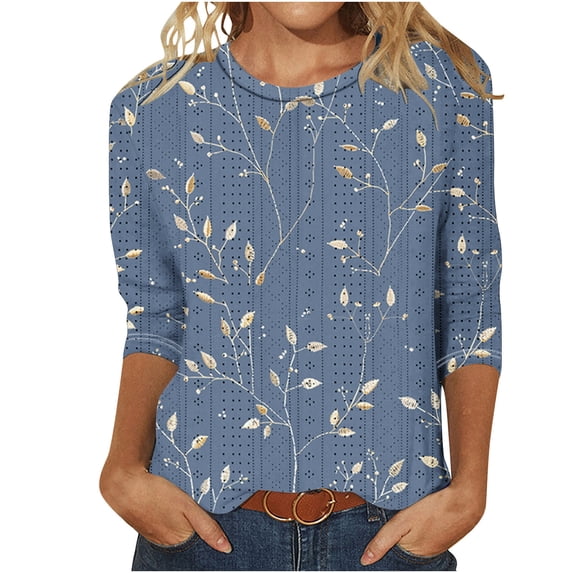 Womens Plus Size Tops 3/4 Sleeves Round Neck Printed Casual T-shirt Navy XL