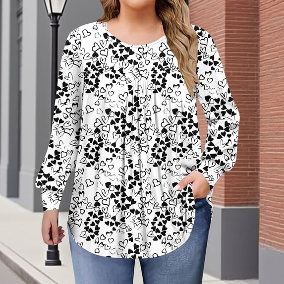 Womens Plus Size Tops Basic Long Sleeve Shirts Floral Print Crew Neck T Shirt Spring Outfits Loose Fit Casual Blouses White XXXXL