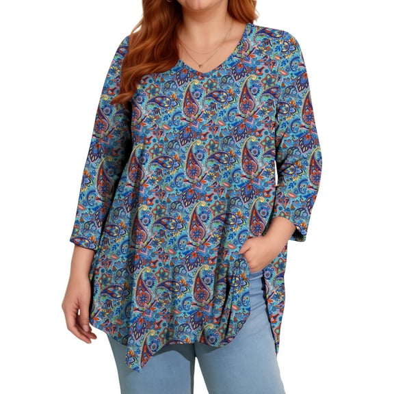 Womens Plus Size Tops Casual 3/4 Sleeve Dressy Tunic Tops Fall Loose Fit Blouses