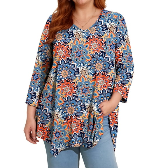 Womens Plus Size Tops Casual 3/4 Sleeve Dressy Tunic Tops Fall Loose Fit Blouses
