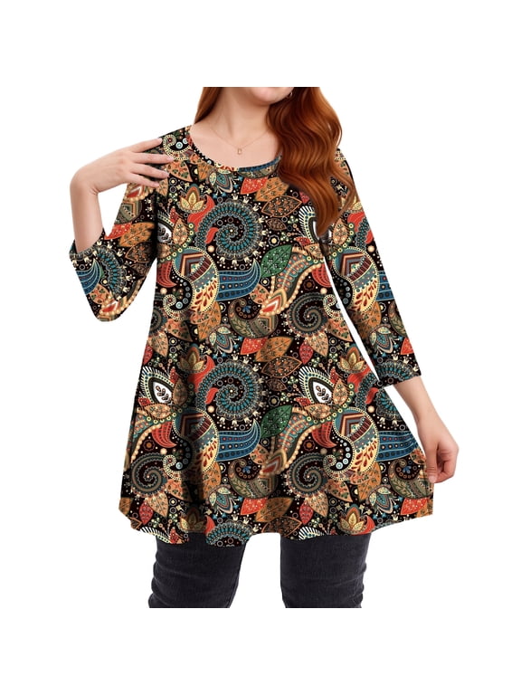 Womens Plus Size Blouses Casual 3/4 Sleeve Loose Fit Paisley Shirts for Leggings