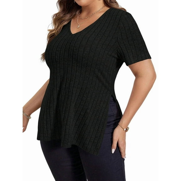 Womens Plus Size Tops Casual V Neck Short Sleeve Shirts Split Hem Blouses Summer Black XXXL