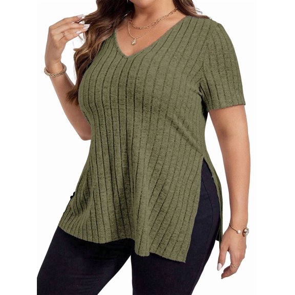 Womens Plus Size Tops Casual V Neck Short Sleeve Shirts Split Hem Blouses Summer  Green 4XL