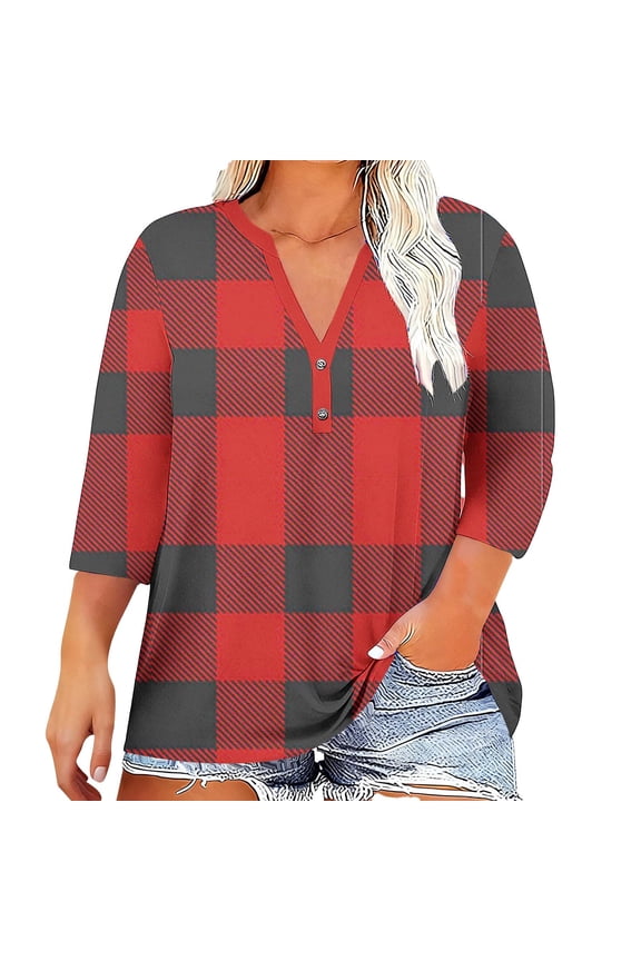 Womens Plus Size Tops Checkered Graphic T Shirt V Neck 3/4 Sleeve Blouse Button Up Dressy Tops Summer Shirts for Women 2026