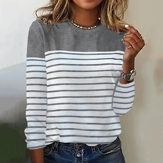 Womens Plus Size Tops Clearance Long Sleeve Round Neck Printing Fall Smocked Tops Gray M