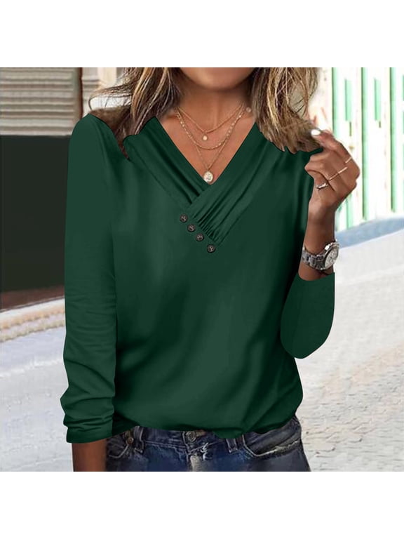 Womens Plus Size Tops Long Sleeve V Neck Botton Regular Casual Blouses Army Green M