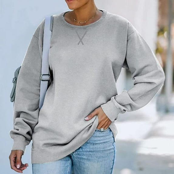 Womens Plus Size Tops Long Sleeves Round Neck Loose Casual Sweatshirt Gray M