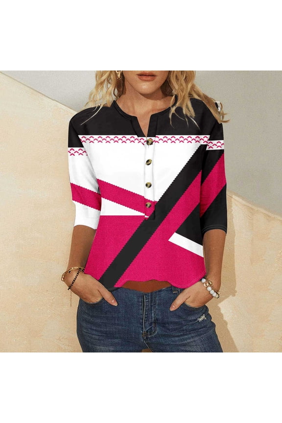 Womens Plus Size Tops Button 3/4 Sleeve Printed Loose Blouses Hot Pink XXL