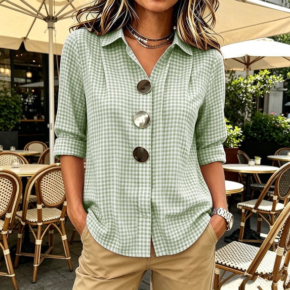 Womens Plus Size Tops Cotton Linen 3/4 Sleeve Shirts for Women Button Down Plaid Printed Lapel Loose Summer Fall Top S-4XL