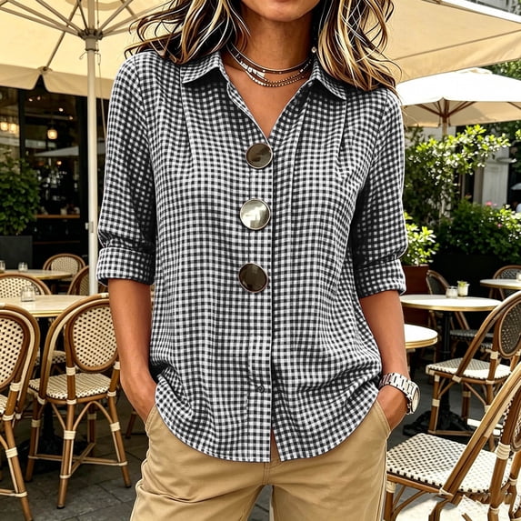 Womens Plus Size Tops Cotton Linen 3/4 Sleeve Shirts for Women Button Down Plaid Printed Lapel Loose Summer Fall Top S-4XL