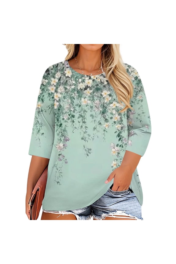 Womens Plus Size Tops Crew Neck T Shirts 3/4 Sleeve Blouse Summer Casual Tees L-4X
