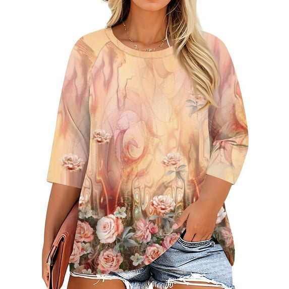 Womens Plus Size Tops Crew Neck T Shirts 3/4 Sleeve Blouse Summer Casual Tees L-4X