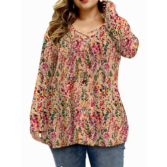 Mengpipi Womens Plus Size Tops Criss Cross V Neck Long Sleeve Fall Casual Shirt 1X-5X