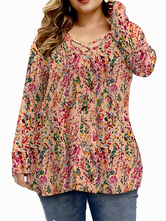Womens Plus Size Tops Criss Cross V Neck Long Sleeve Fall Casual Shirt 1X-5X