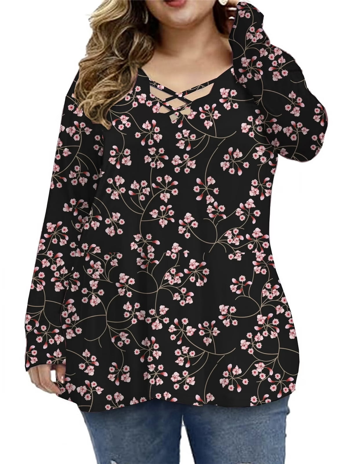 Mengpipi Womens Plus Size Tops Criss Cross V Neck Long Sleeve Fall ...