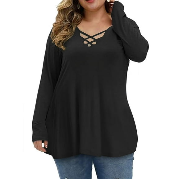 Mengpipi Womens Plus Size Tops Criss Cross V Neck Long Sleeve Fall Casual Shirt 1X-5X