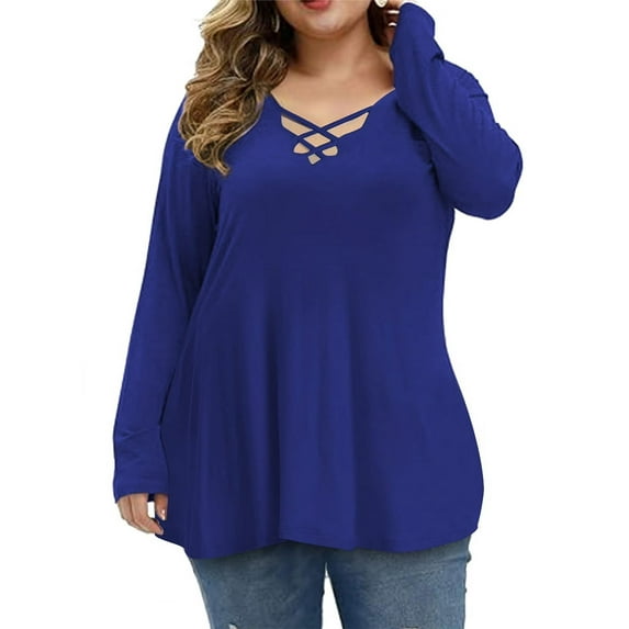 Mengpipi Womens Plus Size Tops Criss Cross V Neck Long Sleeve Fall Casual Shirt 1X-5X