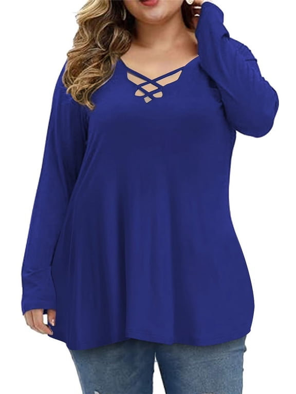 Womens Plus Size Tops Criss Cross V Neck Long Sleeve Fall Casual Shirt 1X-5X