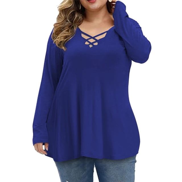 Womens Plus Size Tops Criss Cross V Neck Long Sleeve Fall Casual Shirt ...