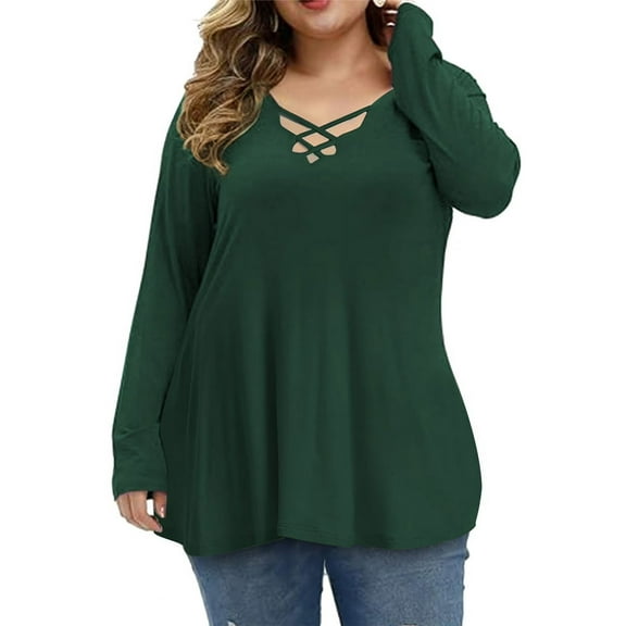 Mengpipi Womens Plus Size Tops Criss Cross V Neck Long Sleeve Fall Casual Shirt 1X-5X