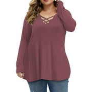 MENGPIPI Womens Plus Size Tops Criss Cross V Neck Long Sleeve Fall Casual Shirt 1X-5X