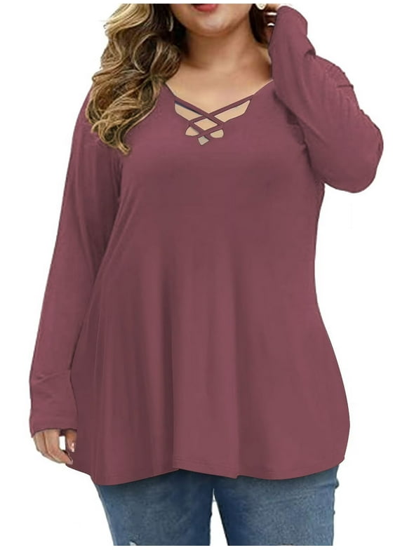 Womens Plus Size Tops Criss Cross V Neck Long Sleeve Fall Casual Shirt 1X-5X