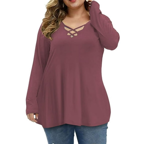 Mengpipi Womens Plus Size Tops Criss Cross V Neck Long Sleeve Fall Casual Shirt 1X-5X