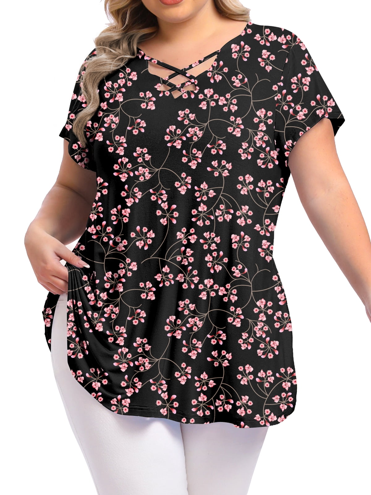 Womens Plus Size Tops Criss Cross V Neck Short Sleeve Summer Casual ...