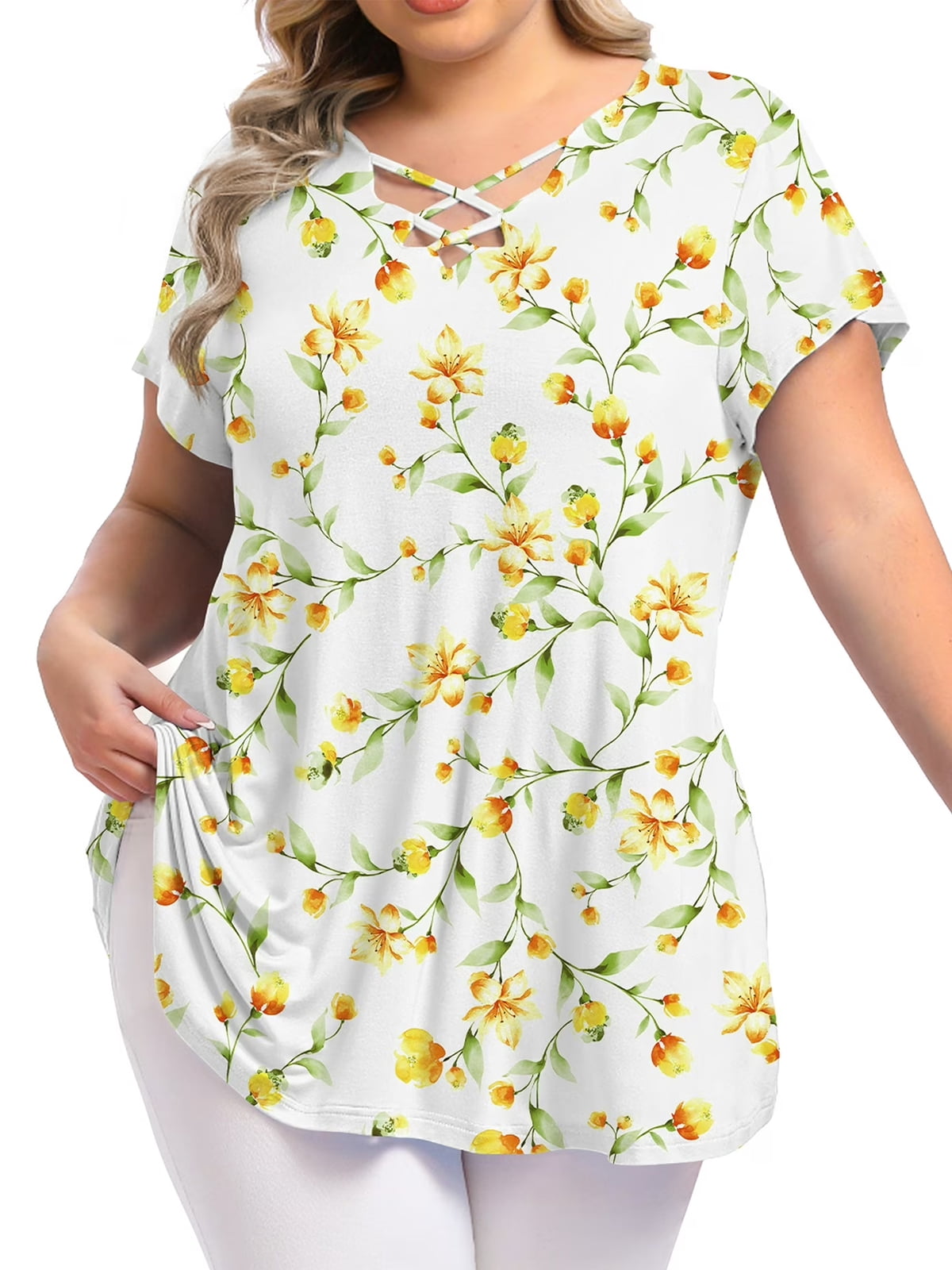 Mengpipi Womens Plus Size Tops Criss Cross V Neck Short Sleeve Summer ...