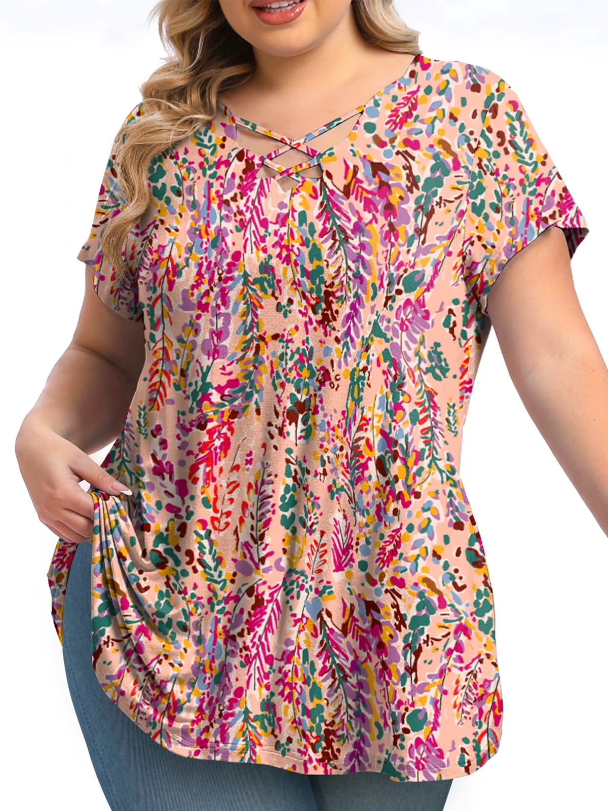Mengpipi Womens Plus Size Tops Criss Cross V Neck Short Sleeve Summer ...