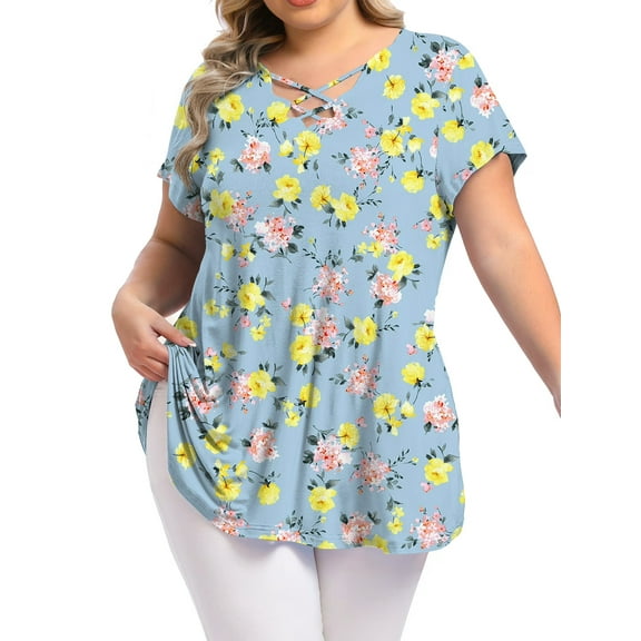 Mengpipi Womens Plus Size Tops Criss Cross V Neck Short Sleeve Summer Casual Blouses, Light Gray-1X