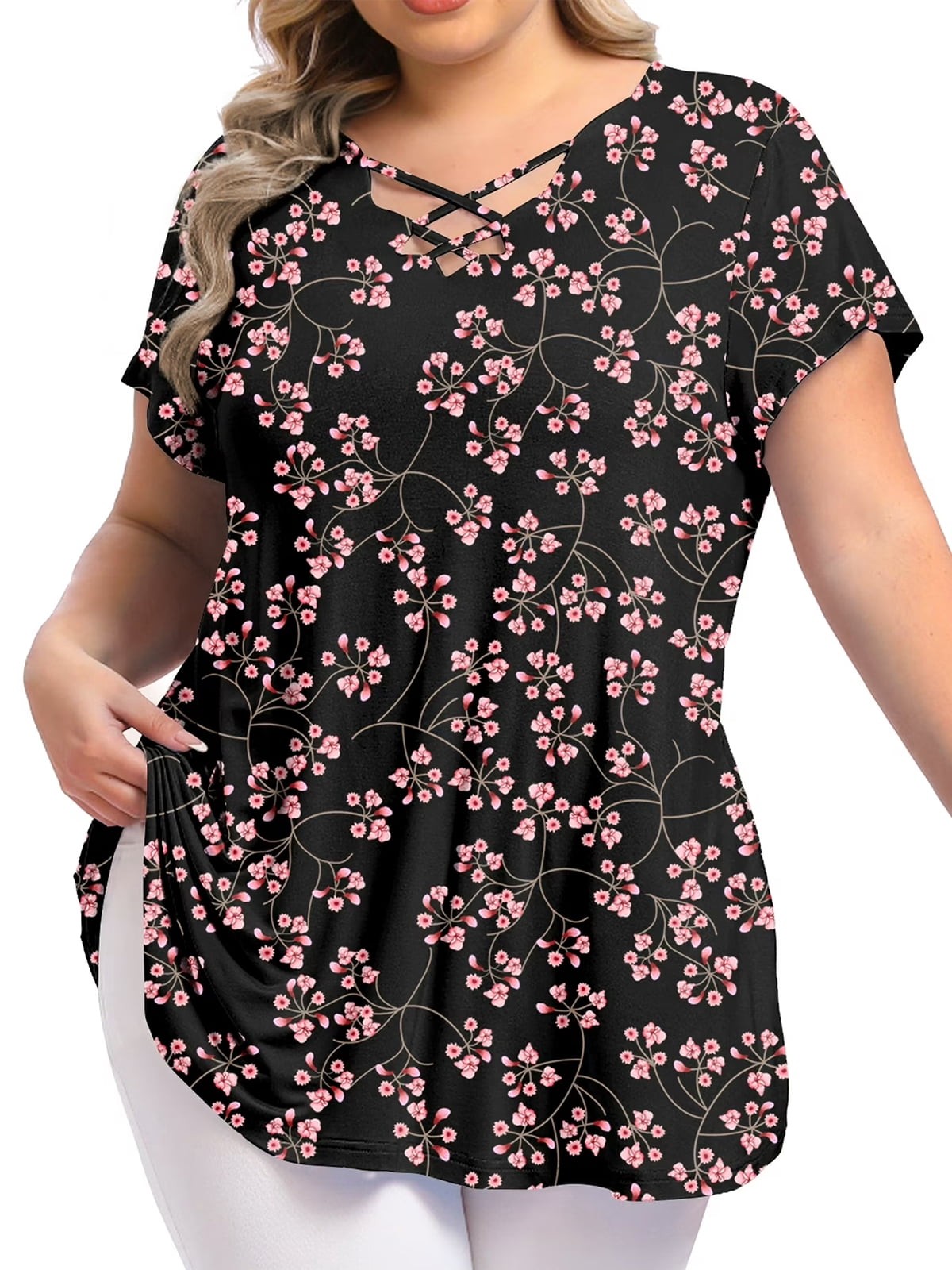 Mengpipi Womens Plus Size Short Sleeve, Criss Cross V Neck Fall T-Shirt ...