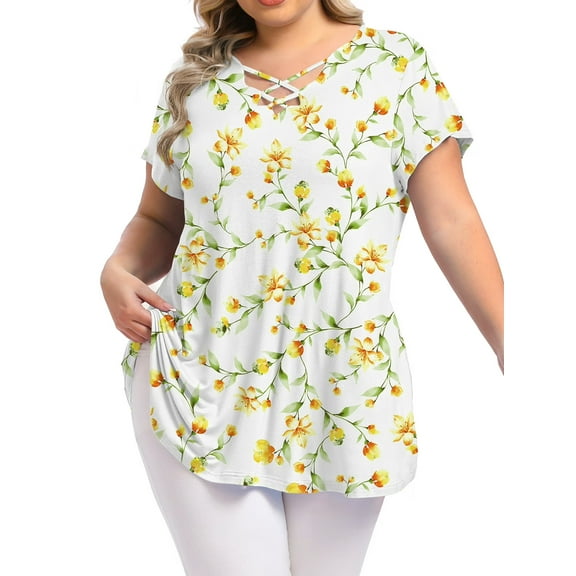 Mengpipi Womens Plus Size Tops Criss Cross V Neck Short Sleeve Summer Casual Blouses, Light Gray-1X