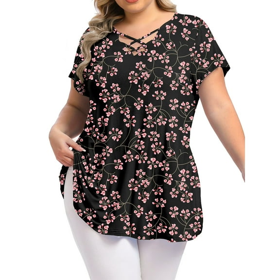 Mengpipi Womens Plus Size Tops Criss Cross V Neck Short Sleeve Summer Casual Blouses, Light Gray-1X