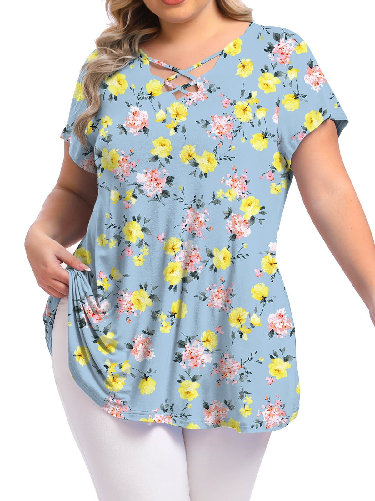 Womens Plus Size Tops Criss Cross V Neck Short Sleeve Summer Casual