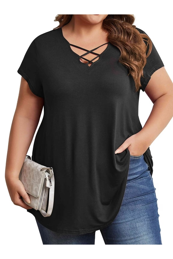 Womens Plus Size Tops Criss Cross V Neck Short Sleeve Summer Casual Blouses, Light Gray-1X