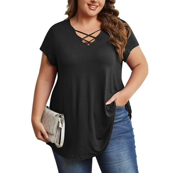 Mengpipi Womens Plus Size Tops Criss Cross V Neck Short Sleeve Summer Casual Blouses, Light Gray-1X