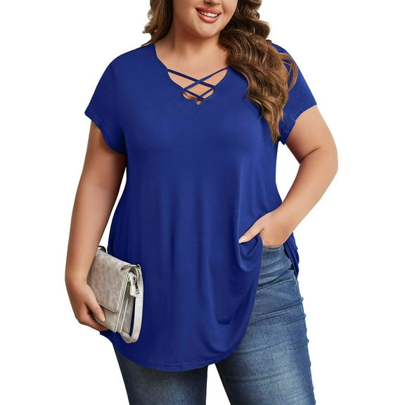 Mengpipi Womens Plus Size Tops Criss Cross V Neck Short Sleeve Summer Casual Blouses, Light Gray-1X
