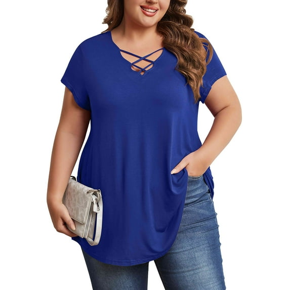 Womens Plus Size Tops Criss Cross V Neck Short Sleeve Summer Casual Blouses, Blue-3X