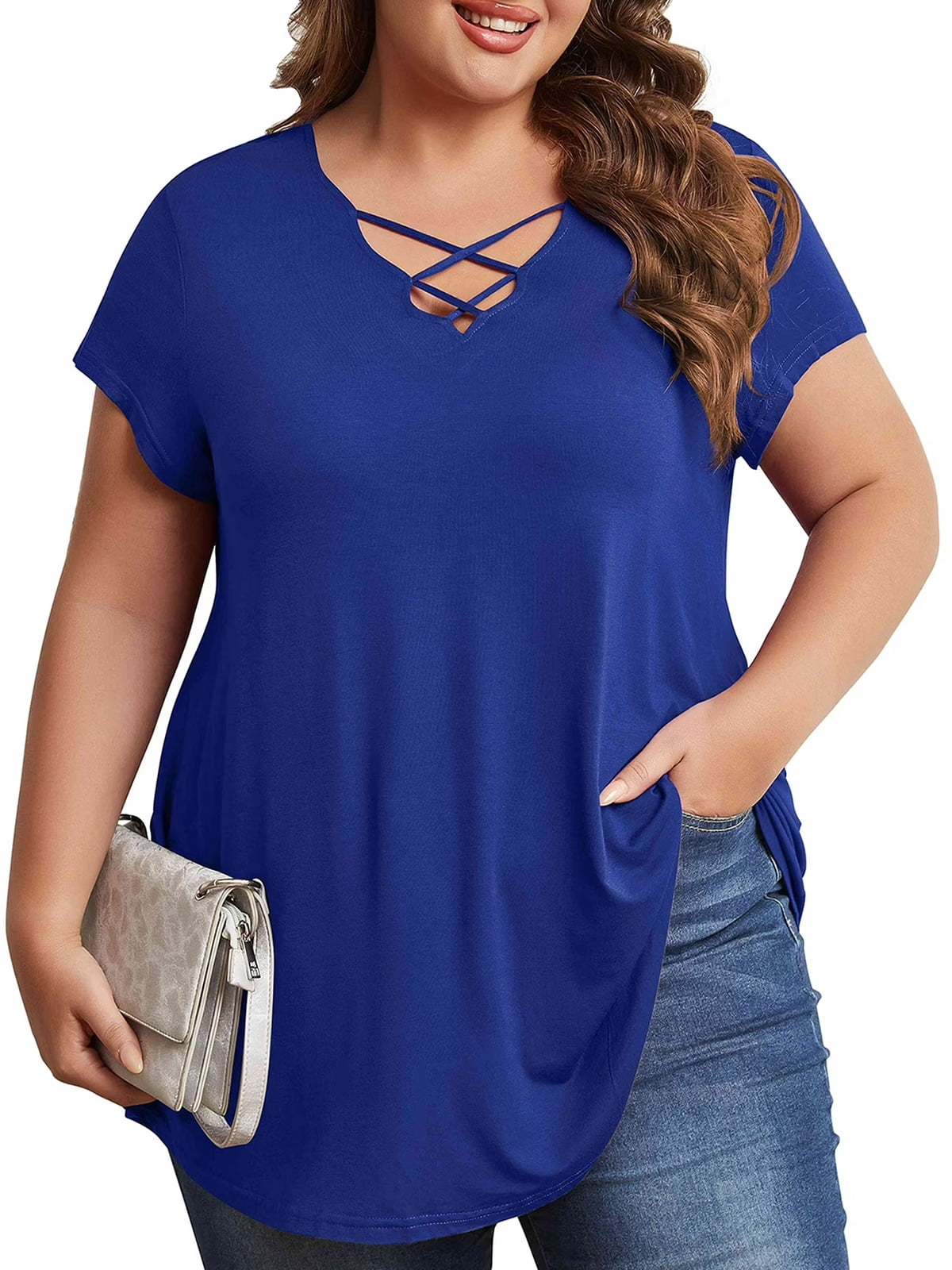Mengpipi Women's Plus Size Criss Cross V Neck Short Sleeve Casual ...