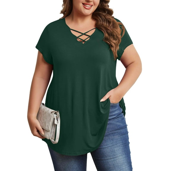 Womens Plus Size Tops Criss Cross V Neck Short Sleeve Summer Casual Blouses, Green-3X