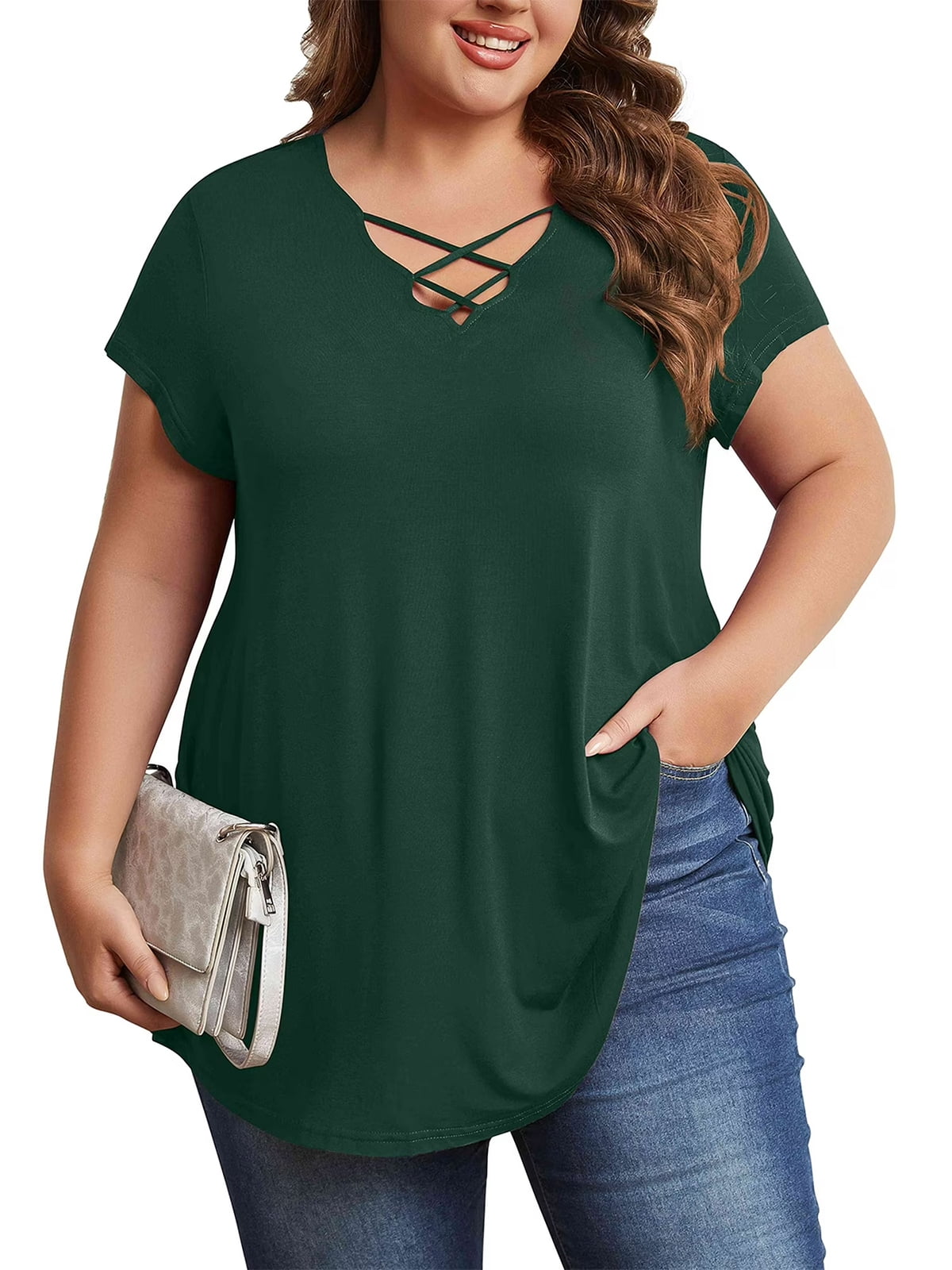 Mengpipi Womens Plus Size Criss Cross V Neck Top, Short Sleeve Casual ...