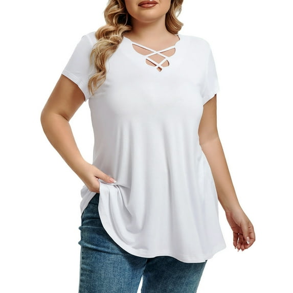 Mengpipi Womens Plus Size Tops Criss Cross V Neck Short Sleeve Summer Casual Blouses, Light Gray-1X