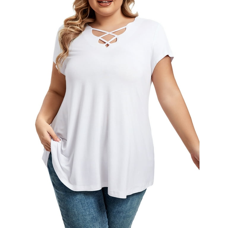 Womens Plus Size Tops Criss Cross V Neck Short Sleeve Summer Casual  Blouses, White-3X