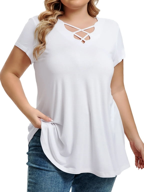 Womens Plus Size Tops Criss Cross V Neck Short Sleeve Summer Casual Blouses, Light Gray-1X